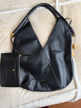 Donna Karan Black Leather Shoulder Hobo with Detachable Pouch
